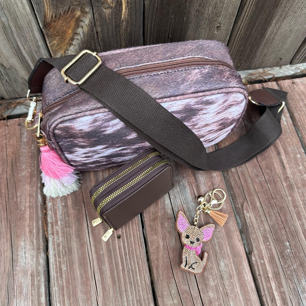 💕NEW BRINDLE COW PRINT BAG & CARD HOLDER WALLET SET PINK DOG KEYCHAIN & TASSEL💕